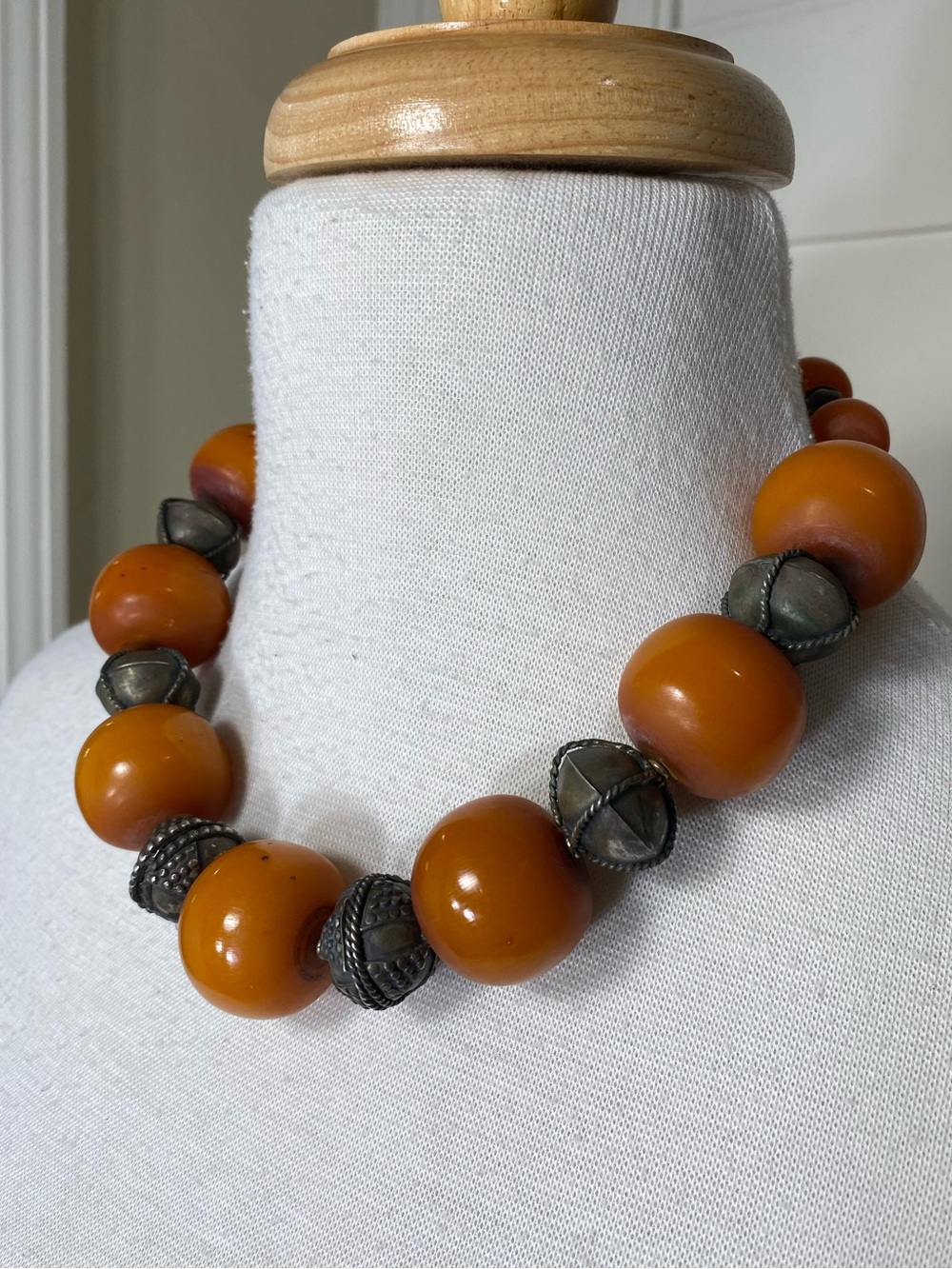 Vintage Chunky Butterscotch Amber Resin & Metal Patina Beaded Statement Necklace